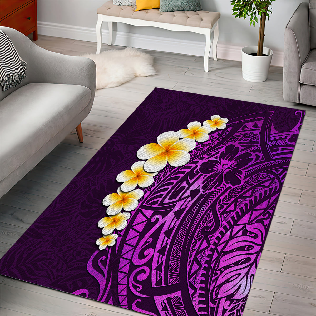 Purple Tropical Plumeria With Galaxy Polynesian Art Area Rug LT14 - Polynesian Pride