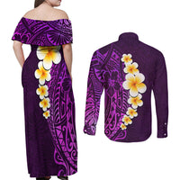 Purple Tropical Plumeria With Galaxy Polynesian Art Couples Matching Off Shoulder Maxi Dress and Long Sleeve Button Shirt LT14 - Polynesian Pride