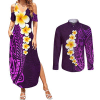 Purple Tropical Plumeria With Galaxy Polynesian Art Couples Matching Summer Maxi Dress and Long Sleeve Button Shirt LT14 Purple - Polynesian Pride