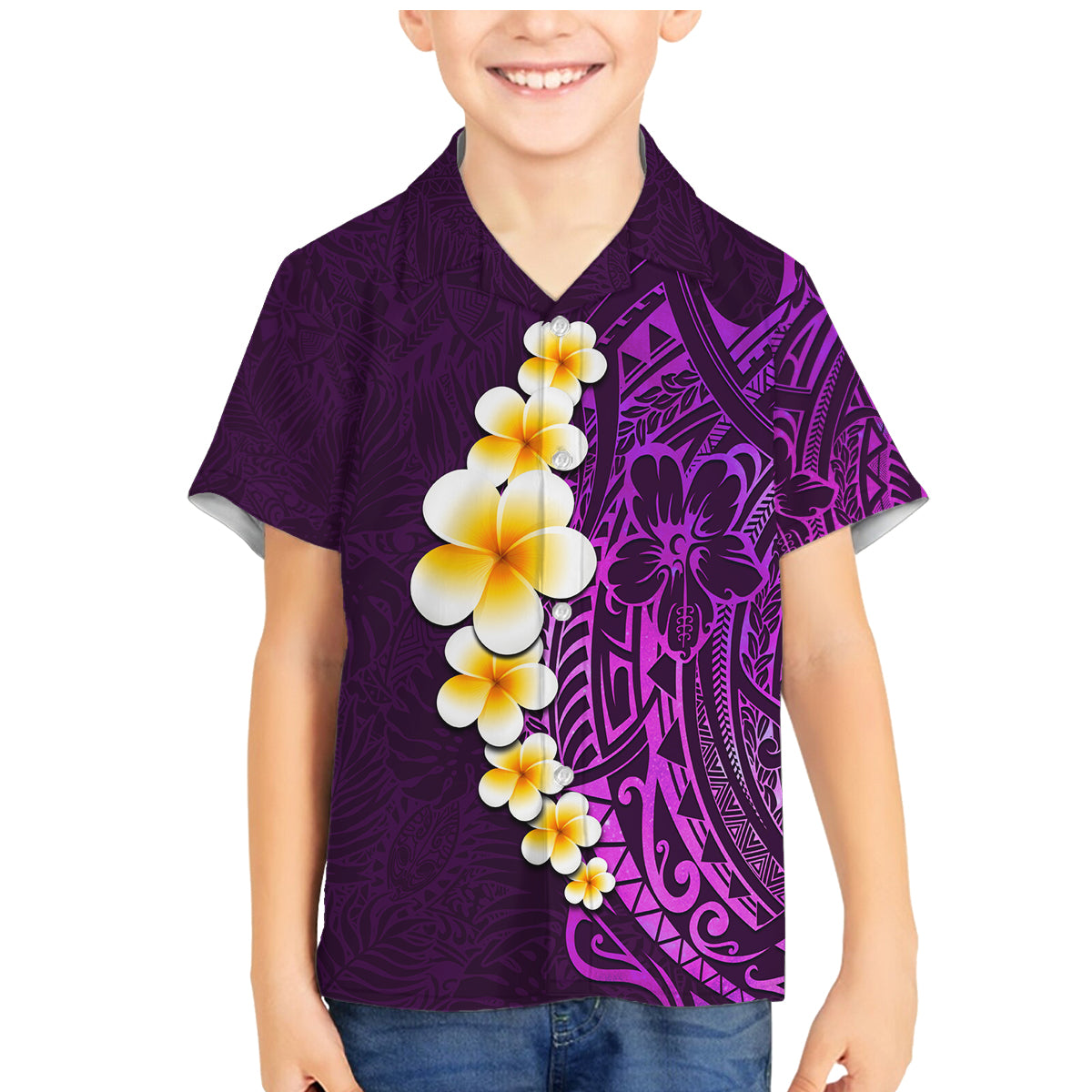 Purple Tropical Plumeria With Galaxy Polynesian Art Family Matching Mermaid Dress and Hawaiian Shirt LT14 Son's Shirt Purple - Polynesian Pride