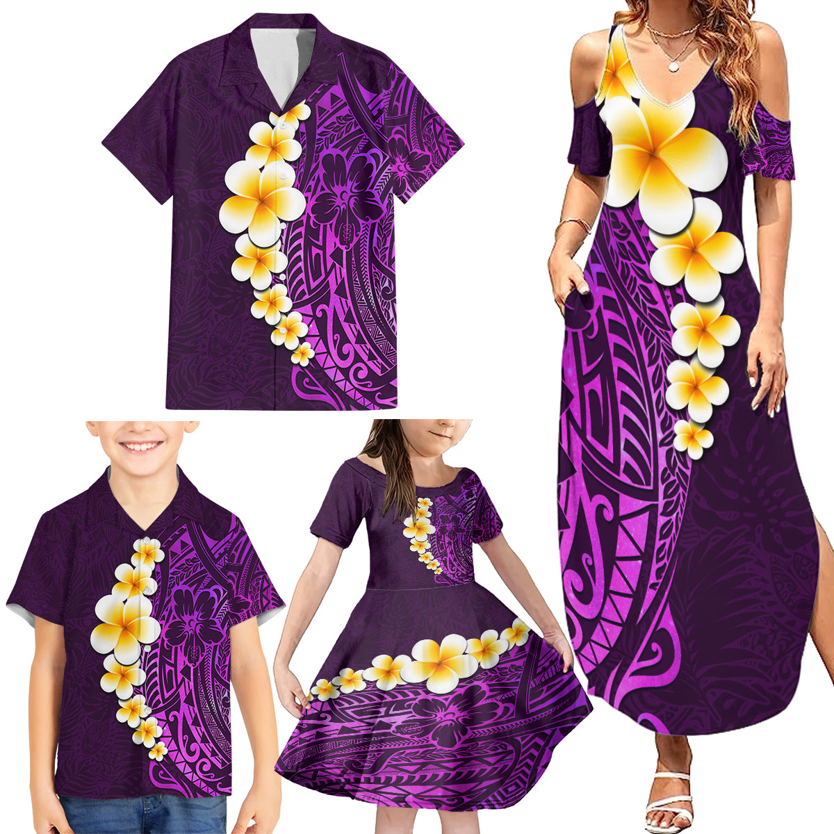 Purple Tropical Plumeria With Galaxy Polynesian Art Family Matching Summer Maxi Dress and Hawaiian Shirt LT14 - Polynesian Pride
