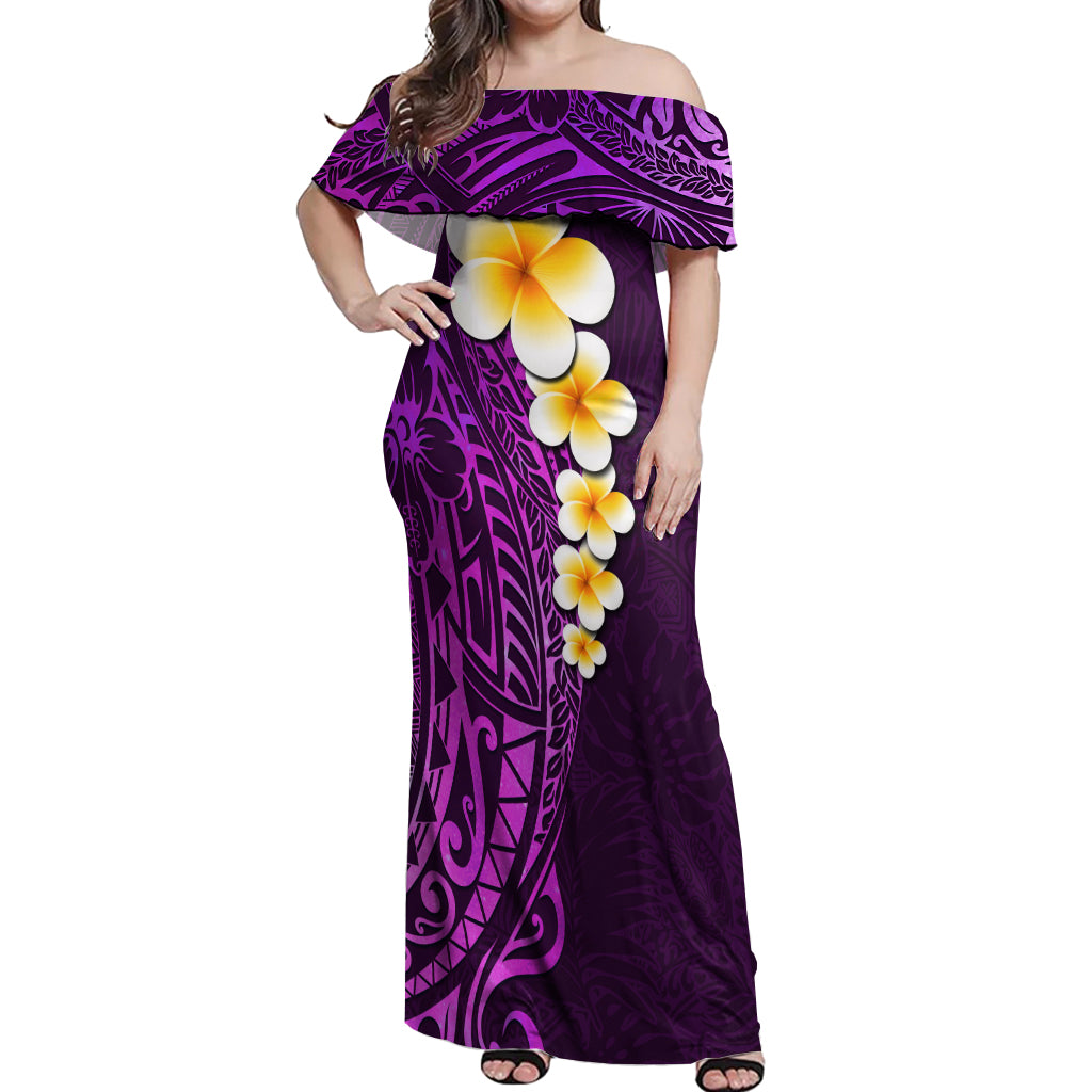 Purple Tropical Plumeria With Galaxy Polynesian Art Off Shoulder Maxi Dress LT14 Women Purple - Polynesian Pride