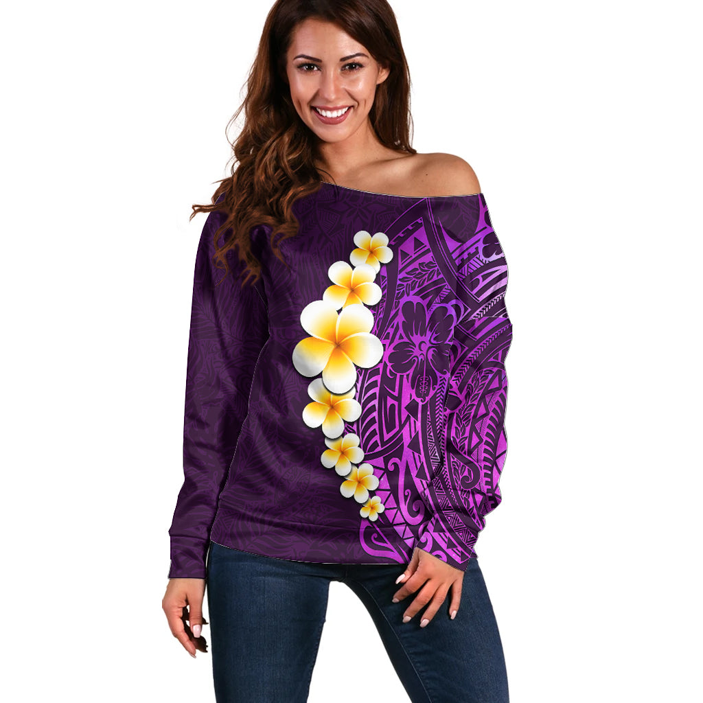 Purple Tropical Plumeria With Galaxy Polynesian Art Off Shoulder Sweater LT14 Women Purple - Polynesian Pride