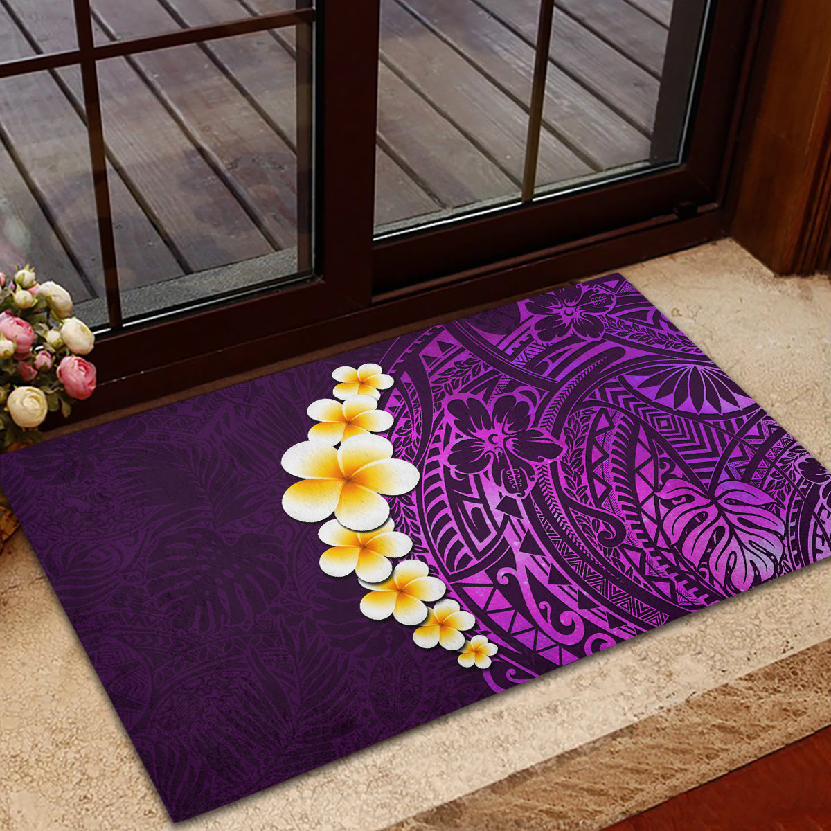 Purple Tropical Plumeria With Galaxy Polynesian Art Rubber Doormat LT14 - Polynesian Pride