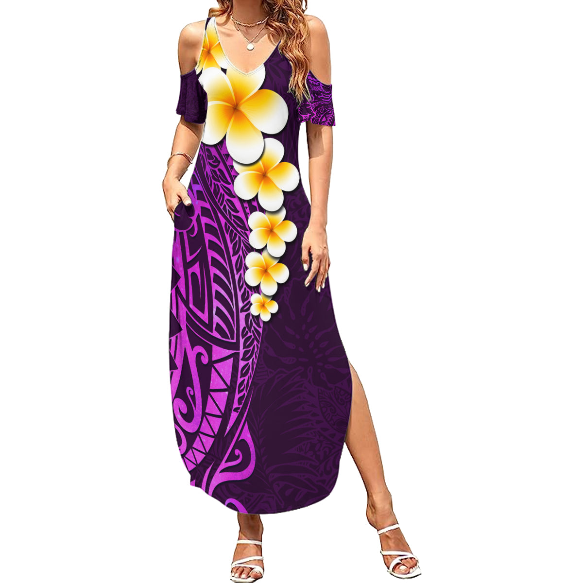 Purple Tropical Plumeria With Galaxy Polynesian Art Summer Maxi Dress LT14 Women Purple - Polynesian Pride