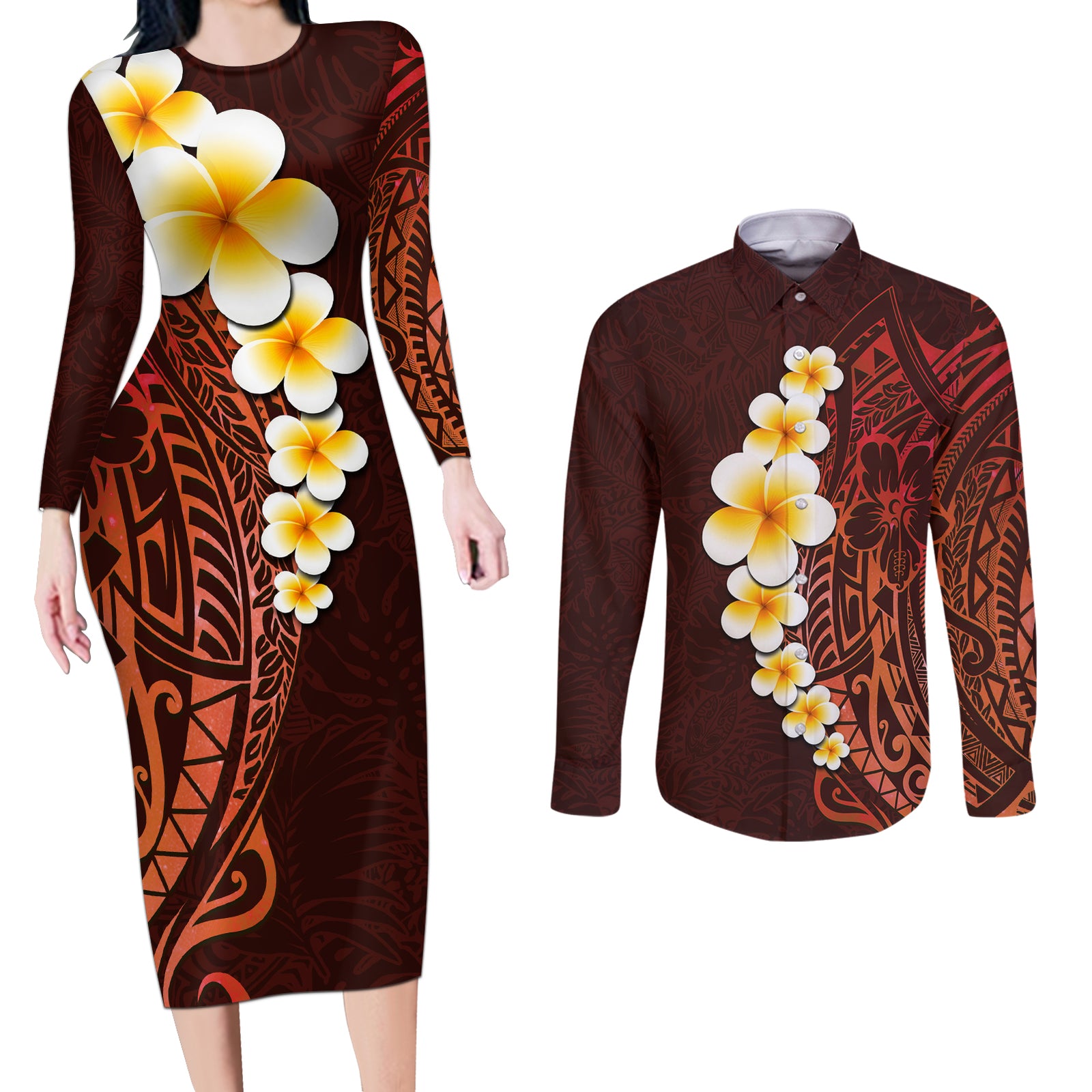 Red Tropical Plumeria With Galaxy Polynesian Art Couples Matching Long Sleeve Bodycon Dress and Long Sleeve Button Shirt LT14 Red - Polynesian Pride
