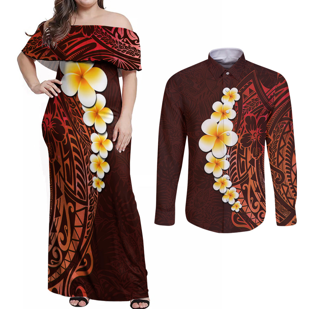 Red Tropical Plumeria With Galaxy Polynesian Art Couples Matching Off Shoulder Maxi Dress and Long Sleeve Button Shirt LT14 Red - Polynesian Pride
