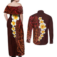 Red Tropical Plumeria With Galaxy Polynesian Art Couples Matching Off Shoulder Maxi Dress and Long Sleeve Button Shirt LT14 - Polynesian Pride