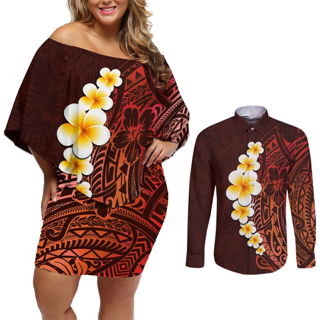 Red Tropical Plumeria With Galaxy Polynesian Art Couples Matching Off Shoulder Short Dress and Long Sleeve Button Shirt LT14 Red - Polynesian Pride