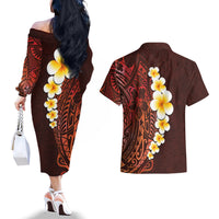 Red Tropical Plumeria With Galaxy Polynesian Art Couples Matching Off The Shoulder Long Sleeve Dress and Hawaiian Shirt LT14 - Polynesian Pride