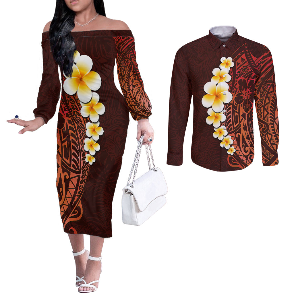 Red Tropical Plumeria With Galaxy Polynesian Art Couples Matching Off The Shoulder Long Sleeve Dress and Long Sleeve Button Shirt LT14 Red - Polynesian Pride