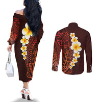 Red Tropical Plumeria With Galaxy Polynesian Art Couples Matching Off The Shoulder Long Sleeve Dress and Long Sleeve Button Shirt LT14 - Polynesian Pride