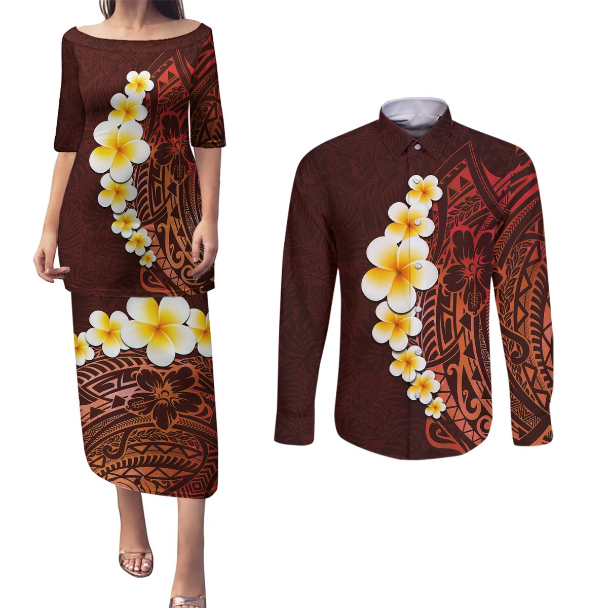 Red Tropical Plumeria With Galaxy Polynesian Art Couples Matching Puletasi Dress and Long Sleeve Button Shirt LT14 Red - Polynesian Pride