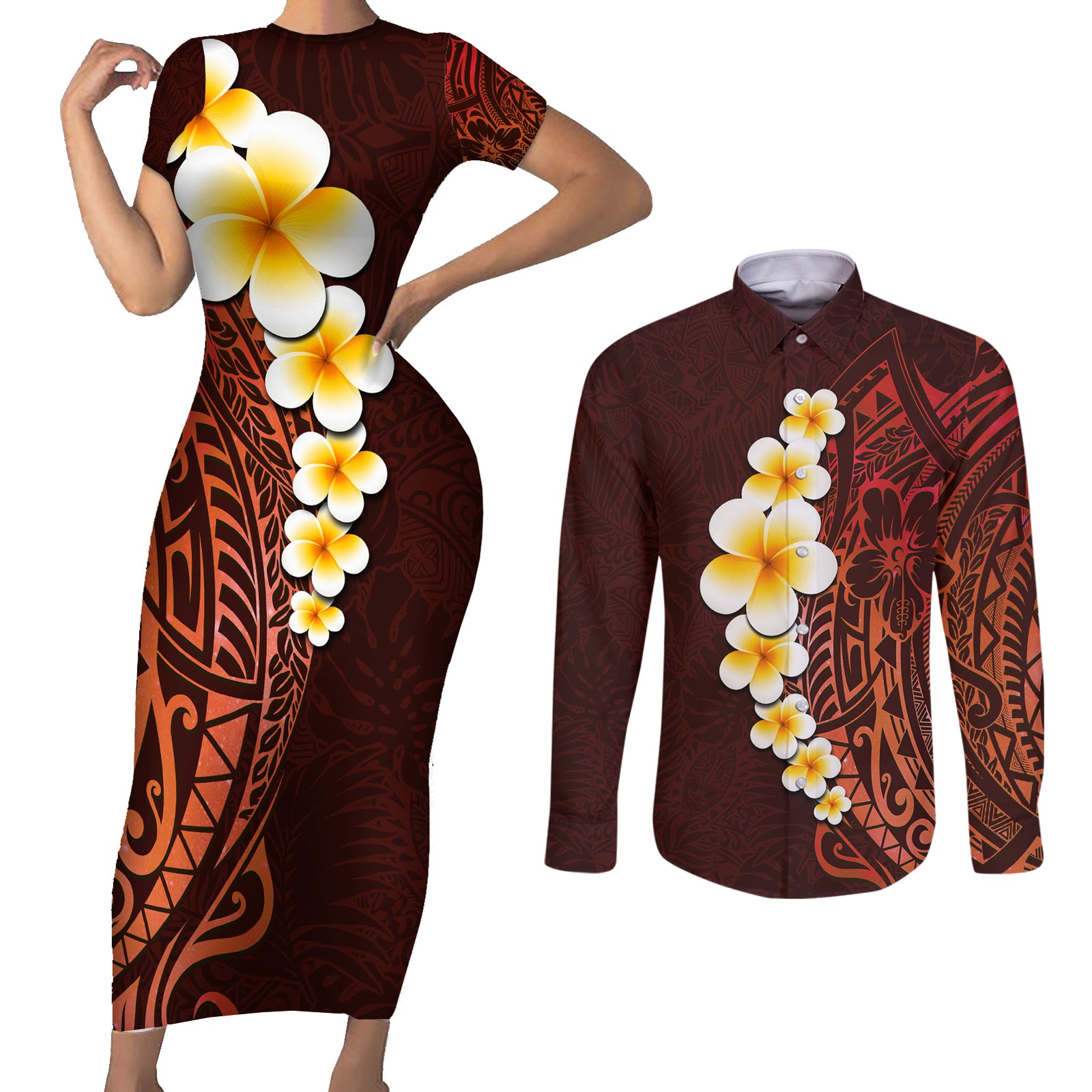 Red Tropical Plumeria With Galaxy Polynesian Art Couples Matching Short Sleeve Bodycon Dress and Long Sleeve Button Shirt LT14 Red - Polynesian Pride