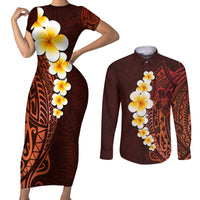 Red Tropical Plumeria With Galaxy Polynesian Art Couples Matching Short Sleeve Bodycon Dress and Long Sleeve Button Shirt LT14 Red - Polynesian Pride