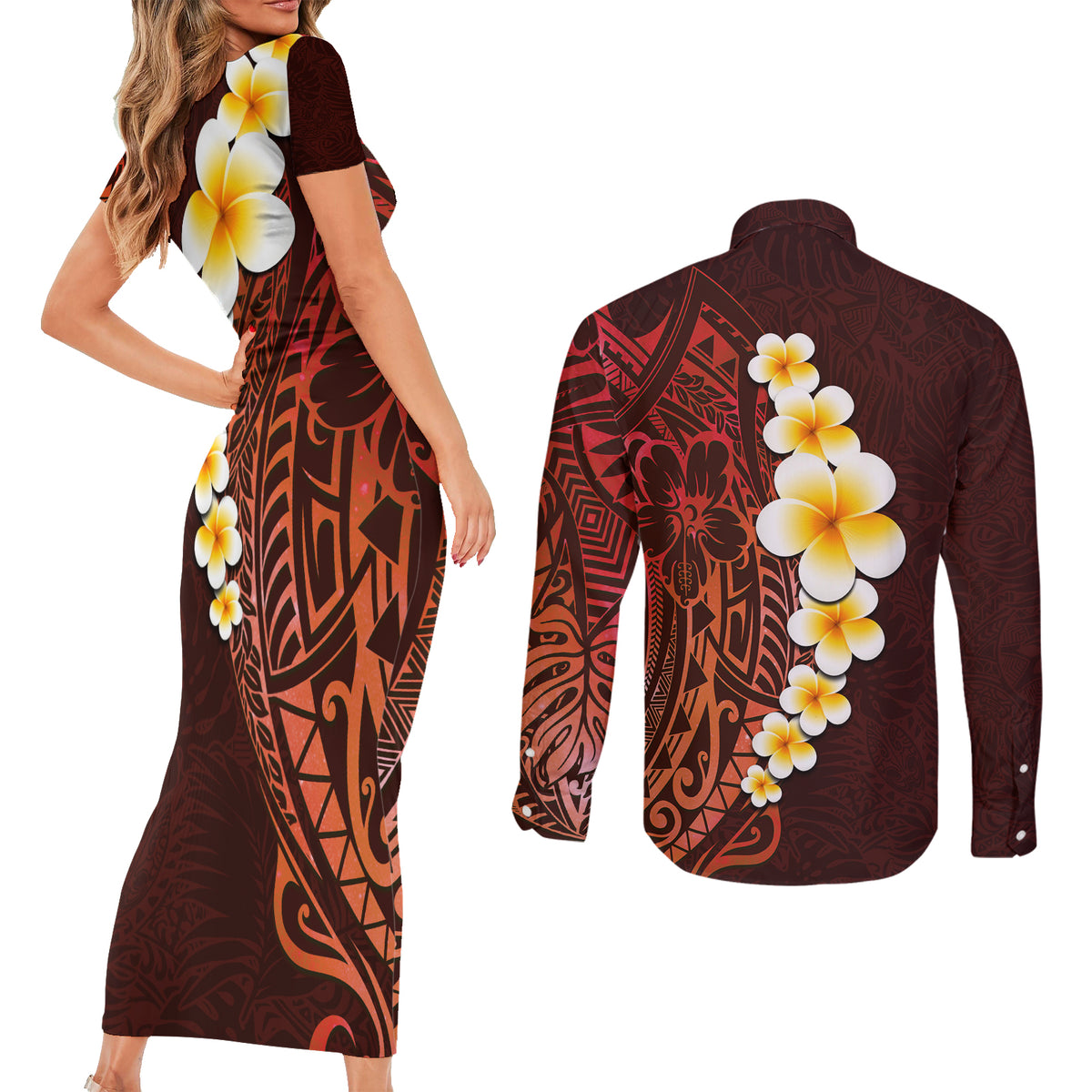 Red Tropical Plumeria With Galaxy Polynesian Art Couples Matching Short Sleeve Bodycon Dress and Long Sleeve Button Shirt LT14 - Polynesian Pride