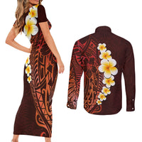 Red Tropical Plumeria With Galaxy Polynesian Art Couples Matching Short Sleeve Bodycon Dress and Long Sleeve Button Shirt LT14 - Polynesian Pride
