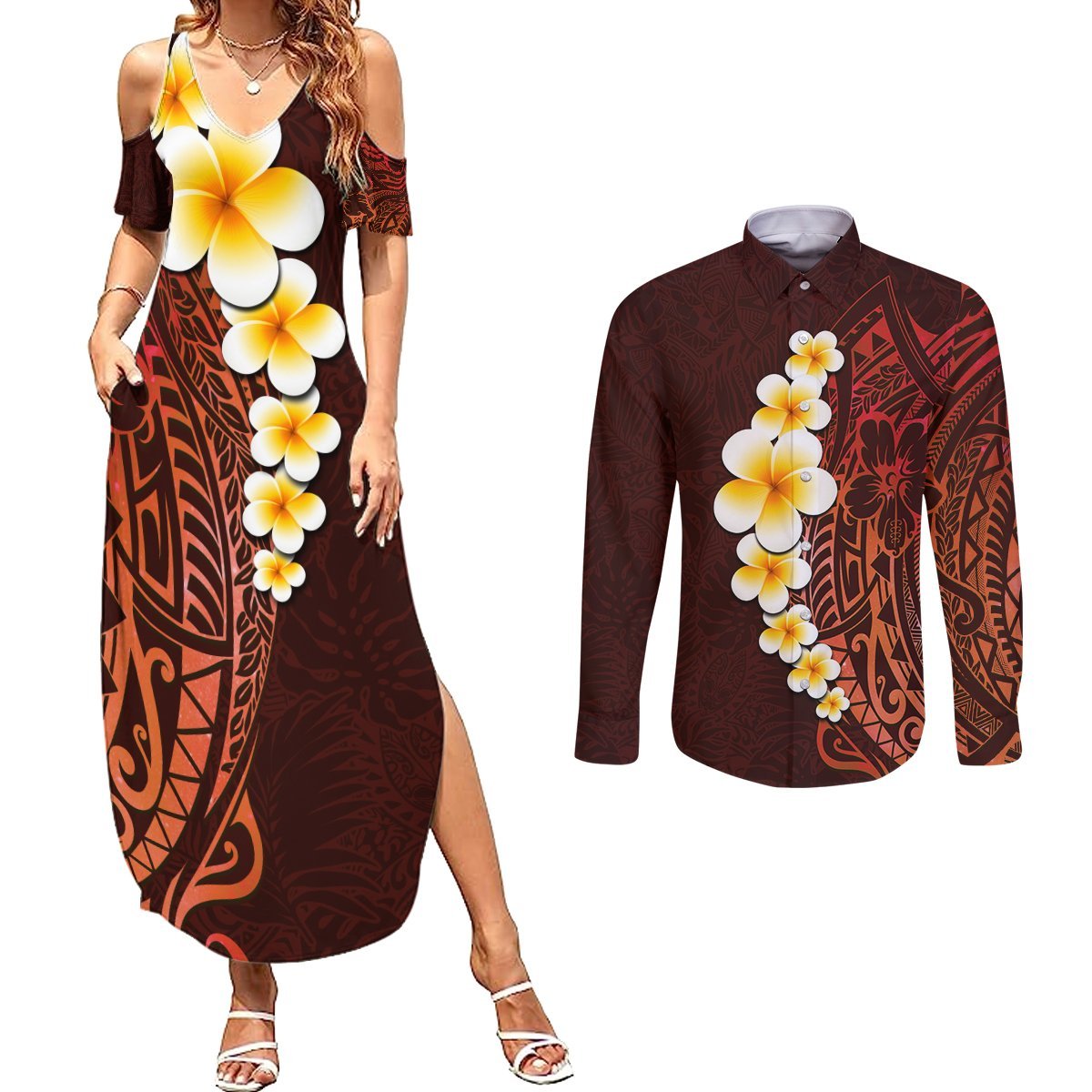 Red Tropical Plumeria With Galaxy Polynesian Art Couples Matching Summer Maxi Dress and Long Sleeve Button Shirt LT14 Red - Polynesian Pride