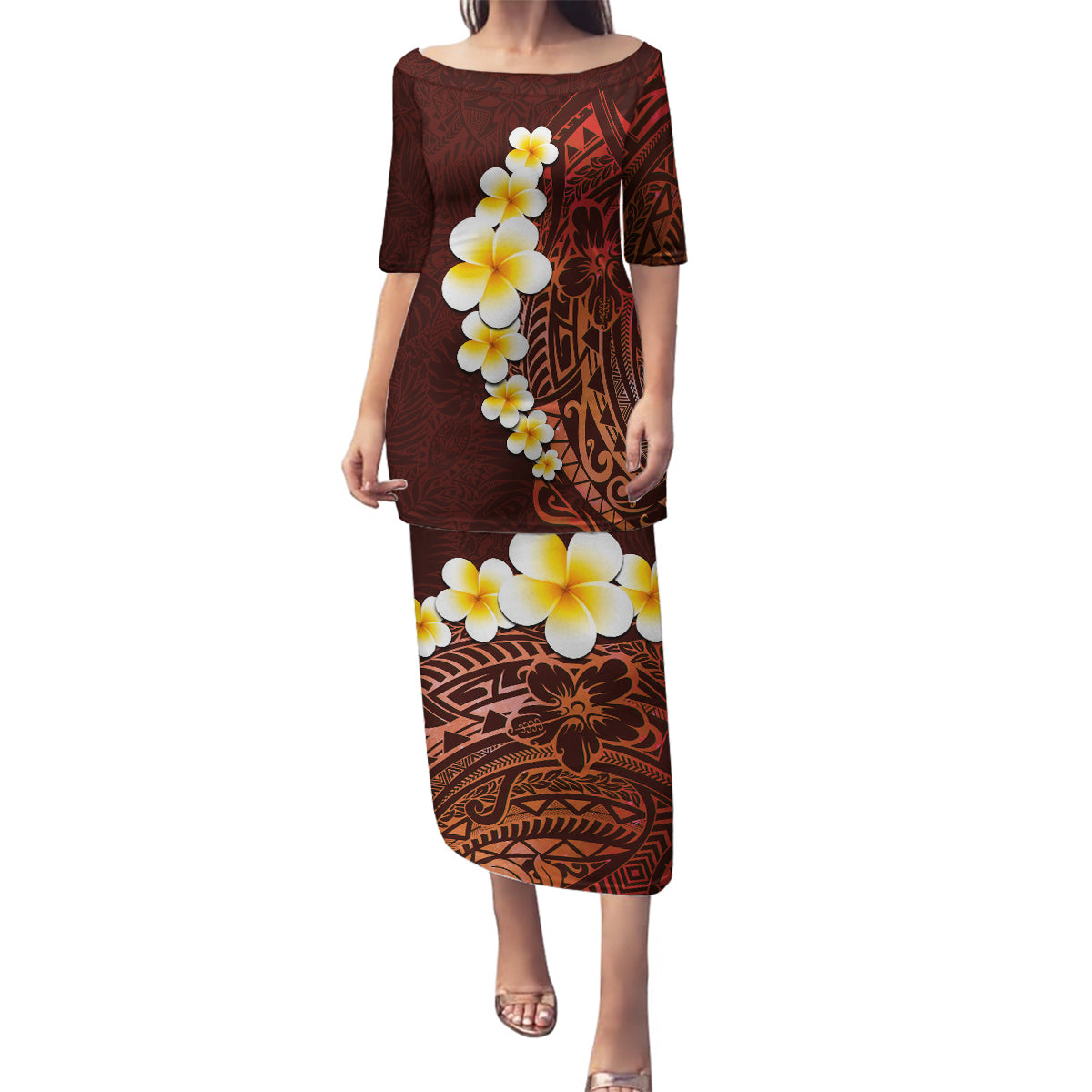 Red Tropical Plumeria With Galaxy Polynesian Art Family Matching Puletasi Dress and Hawaiian Shirt LT14 Mom's Dress Red - Polynesian Pride