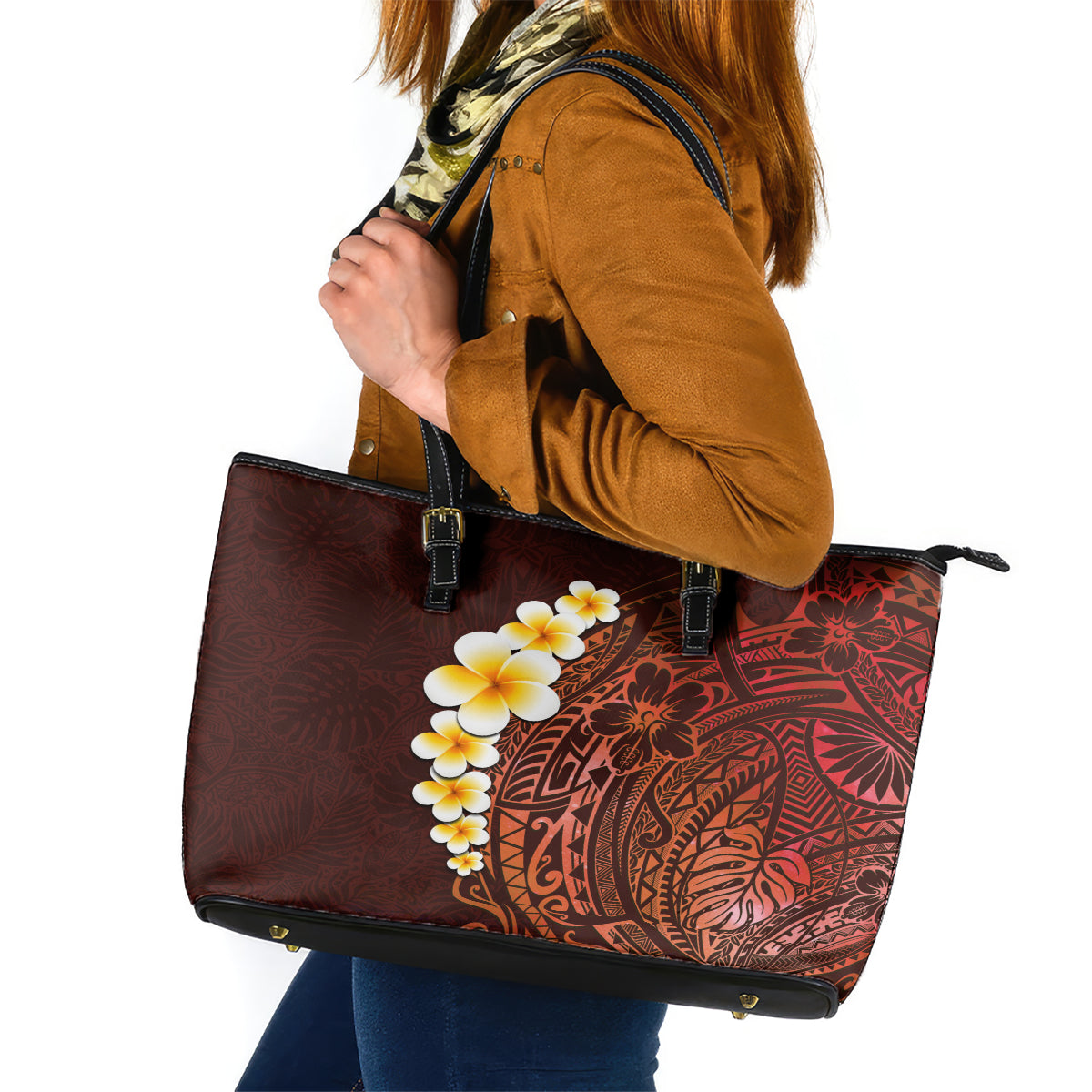 Red Tropical Plumeria With Galaxy Polynesian Art Leather Tote Bag LT14 Red - Polynesian Pride