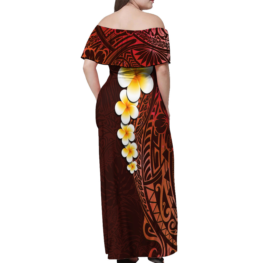 Red Tropical Plumeria With Galaxy Polynesian Art Off Shoulder Maxi Dress LT14 - Polynesian Pride