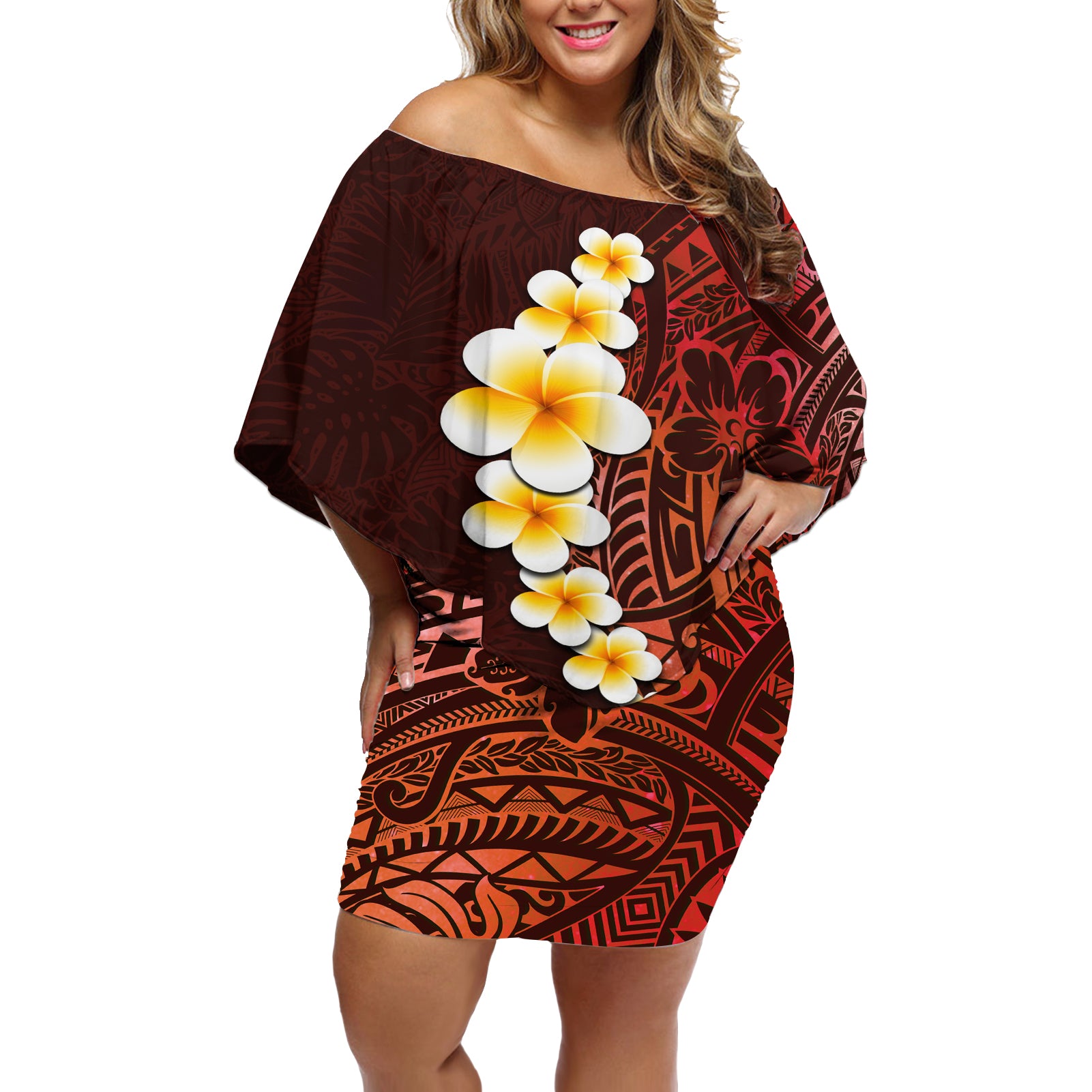 Red Tropical Plumeria With Galaxy Polynesian Art Off Shoulder Short Dress LT14 Women Red - Polynesian Pride