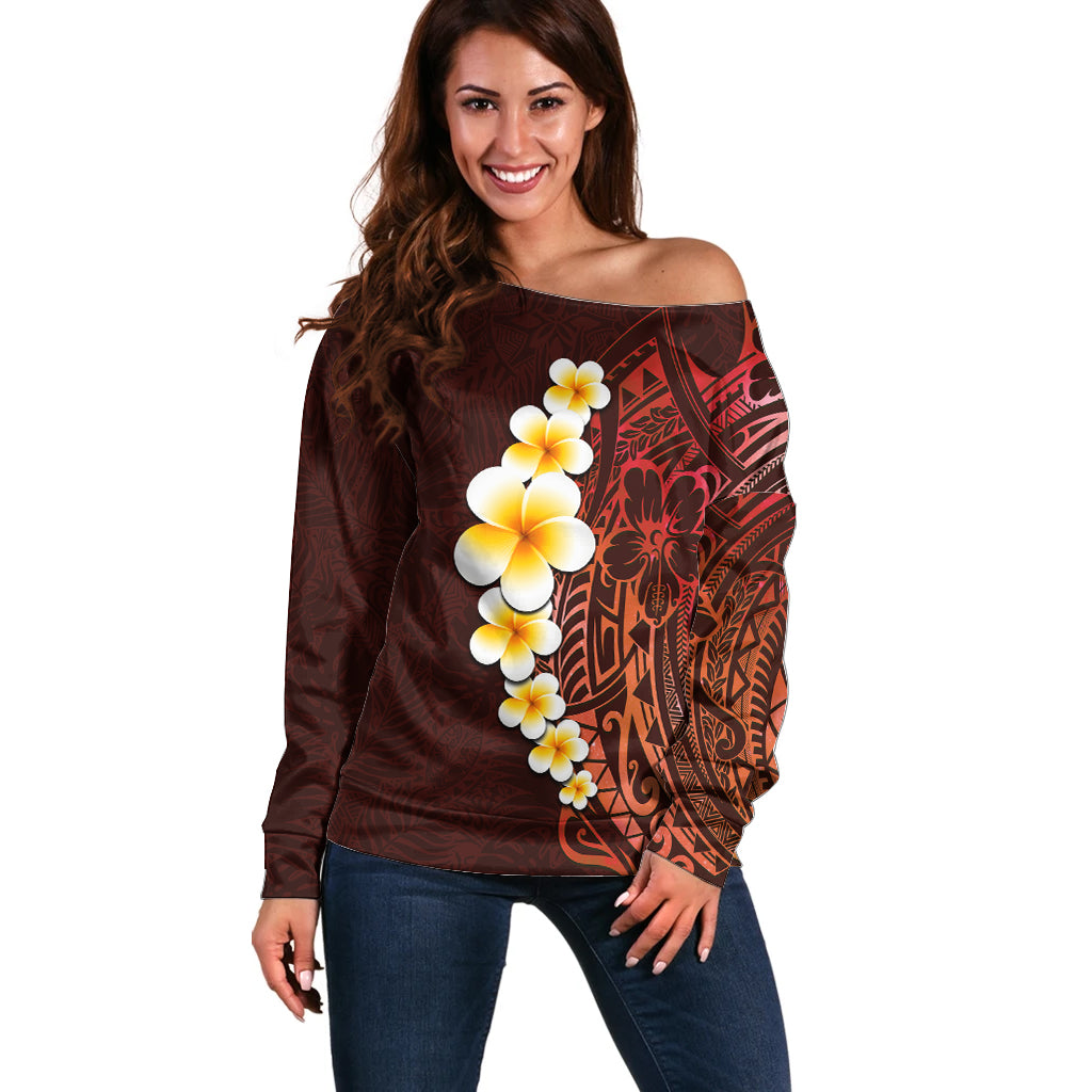 Red Tropical Plumeria With Galaxy Polynesian Art Off Shoulder Sweater LT14 Women Red - Polynesian Pride