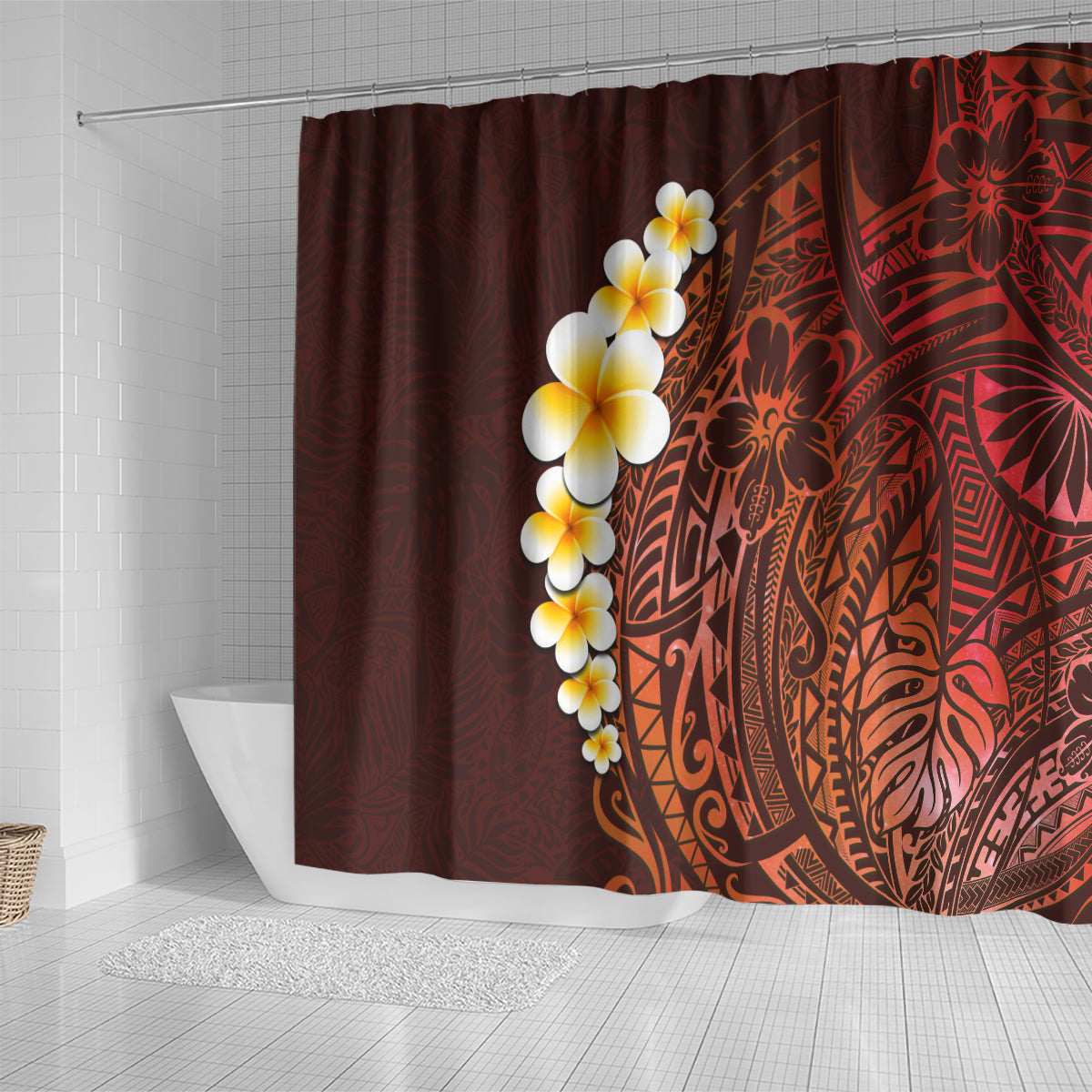 Red Tropical Plumeria With Galaxy Polynesian Art Shower Curtain LT14 - Polynesian Pride