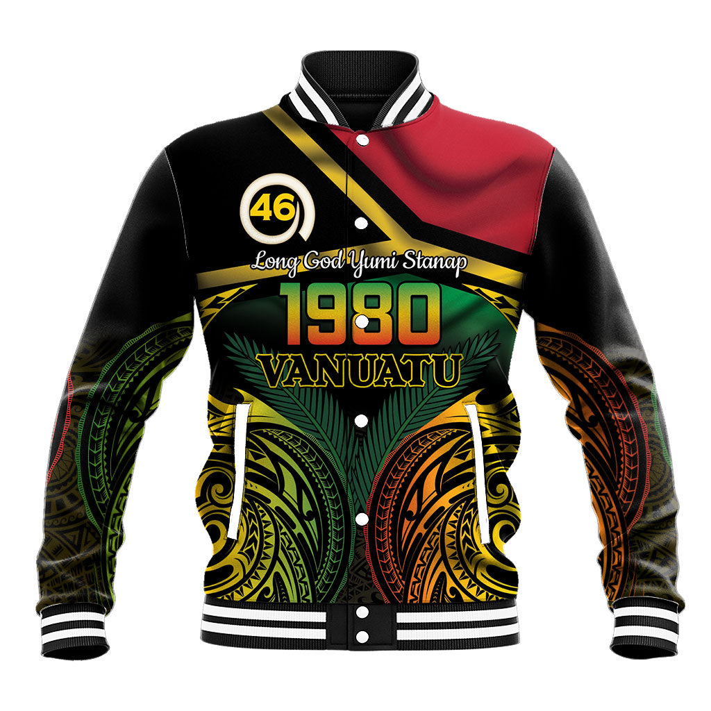 Vanuatu 1980 Baseball Jacket Hapi 46 Yia Indipendens Anivesari LT14 Unisex Black - Polynesian Pride