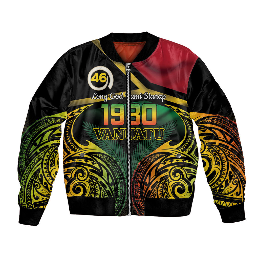 Vanuatu 1980 Bomber Jacket Hapi 46 Yia Indipendens Anivesari LT14 Unisex Black - Polynesian Pride