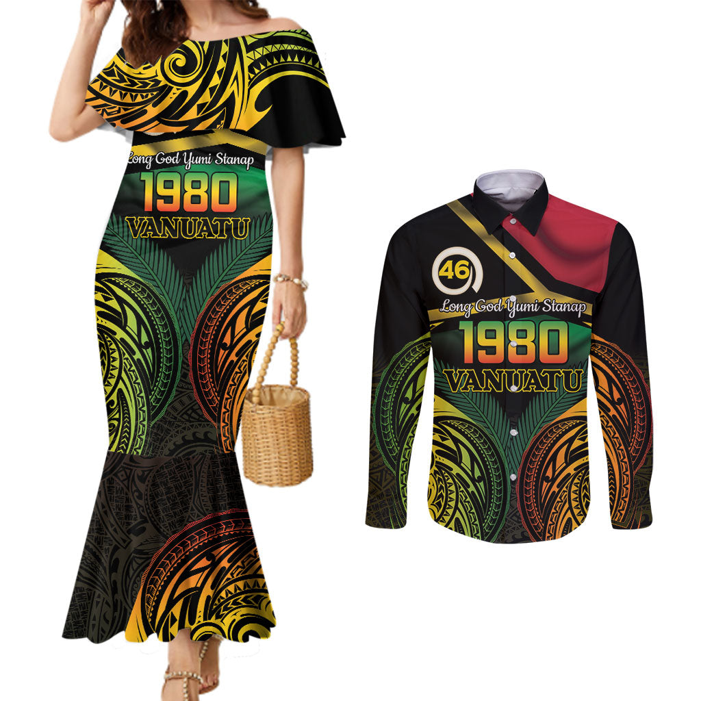 Vanuatu 1980 Couples Matching Mermaid Dress and Long Sleeve Button Shirt Hapi 46 Yia Indipendens Anivesari LT14 Black - Polynesian Pride