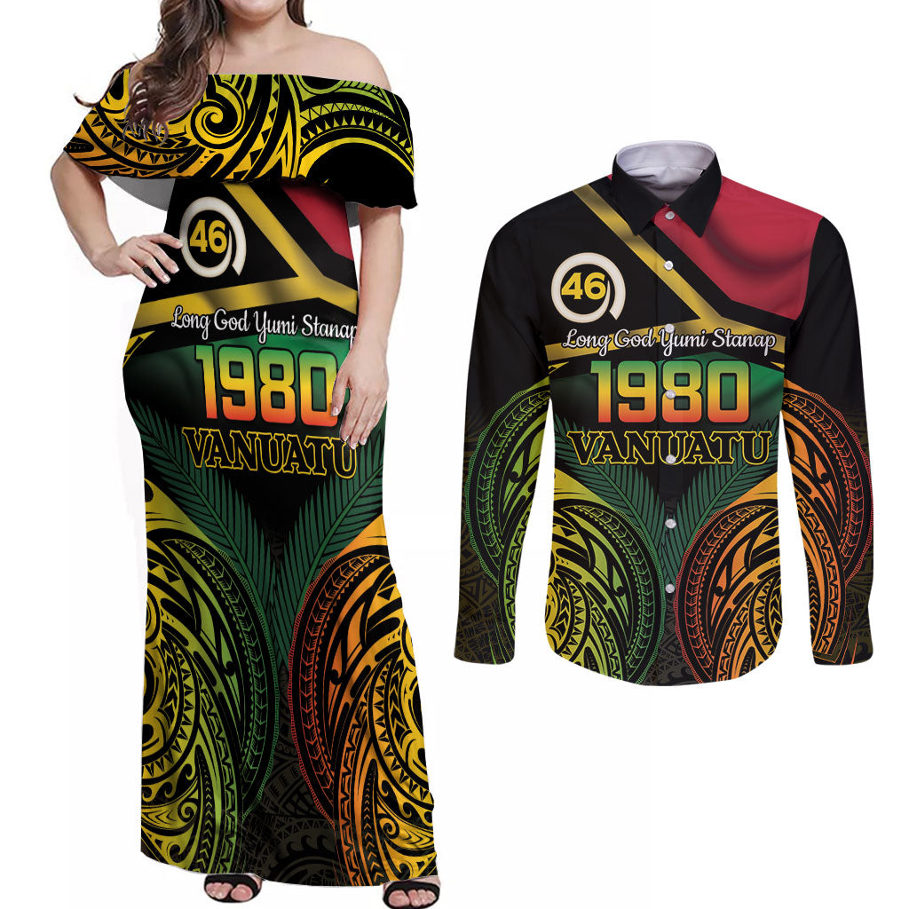 Vanuatu 1980 Couples Matching Off Shoulder Maxi Dress and Long Sleeve Button Shirt Hapi 46 Yia Indipendens Anivesari LT14 Black - Polynesian Pride