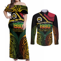 Vanuatu 1980 Couples Matching Off Shoulder Maxi Dress and Long Sleeve Button Shirt Hapi 46 Yia Indipendens Anivesari LT14 Black - Polynesian Pride