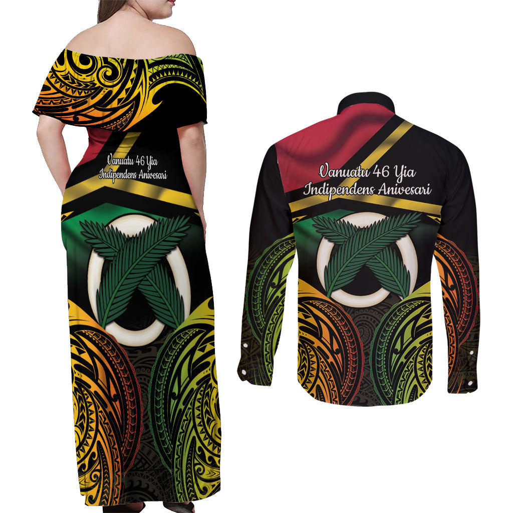 Vanuatu 1980 Couples Matching Off Shoulder Maxi Dress and Long Sleeve Button Shirt Hapi 46 Yia Indipendens Anivesari LT14 - Polynesian Pride