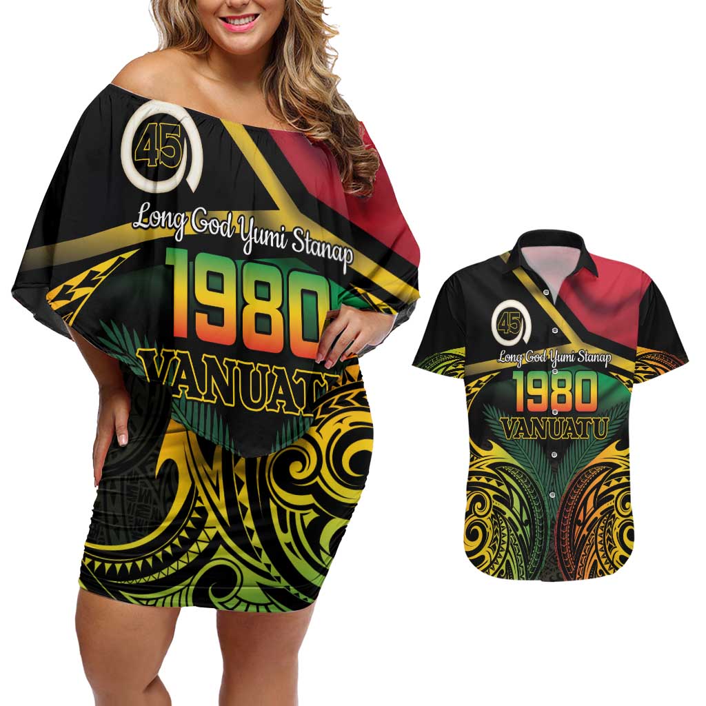 Vanuatu 1980 Couples Matching Off Shoulder Short Dress and Hawaiian Shirt Hapi 45 Yia Indipendens Anivesari