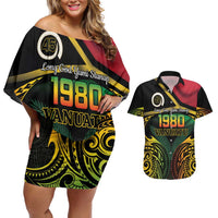Vanuatu 1980 Couples Matching Off Shoulder Short Dress and Hawaiian Shirt Hapi 45 Yia Indipendens Anivesari