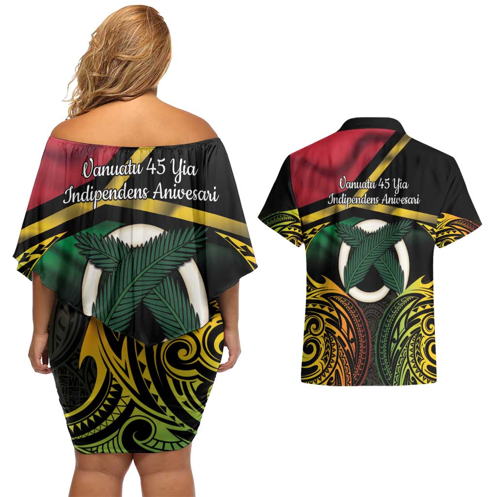 Vanuatu 1980 Couples Matching Off Shoulder Short Dress and Hawaiian Shirt Hapi 45 Yia Indipendens Anivesari