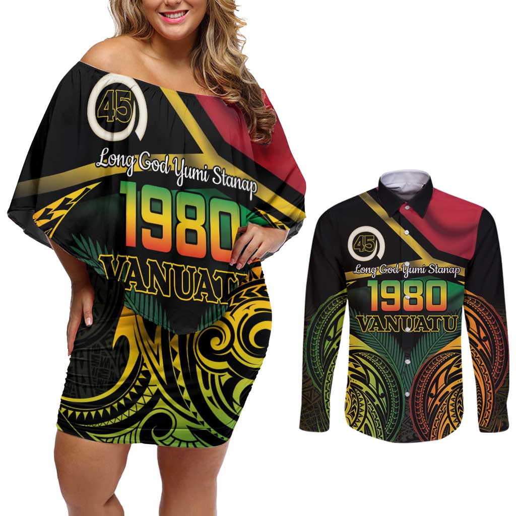 Vanuatu 1980 Couples Matching Off Shoulder Short Dress and Long Sleeve Button Shirt Hapi 45 Yia Indipendens Anivesari