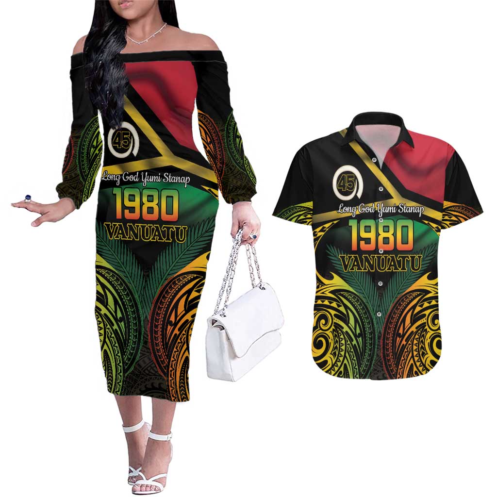 Vanuatu 1980 Couples Matching Off The Shoulder Long Sleeve Dress and Hawaiian Shirt Hapi 45 Yia Indipendens Anivesari
