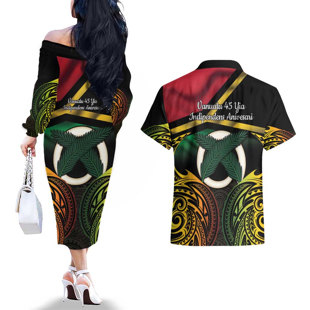 Vanuatu 1980 Couples Matching Off The Shoulder Long Sleeve Dress and Hawaiian Shirt Hapi 45 Yia Indipendens Anivesari