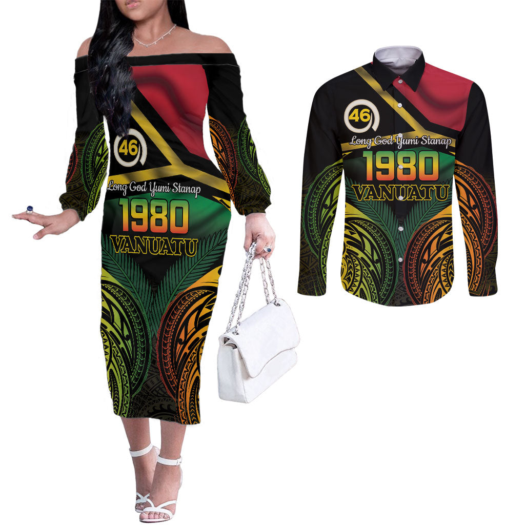 Vanuatu 1980 Couples Matching Off The Shoulder Long Sleeve Dress and Long Sleeve Button Shirt Hapi 46 Yia Indipendens Anivesari LT14 Black - Polynesian Pride