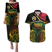 Vanuatu 1980 Couples Matching Puletasi and Hawaiian Shirt Hapi 46 Yia Indipendens Anivesari LT14 Black - Polynesian Pride
