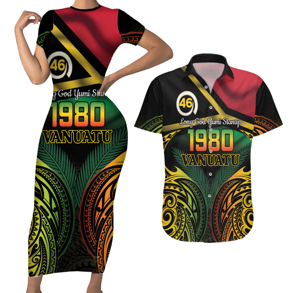 Vanuatu 1980 Couples Matching Short Sleeve Bodycon Dress and Hawaiian Shirt Hapi 46 Yia Indipendens Anivesari LT14 Black - Polynesian Pride