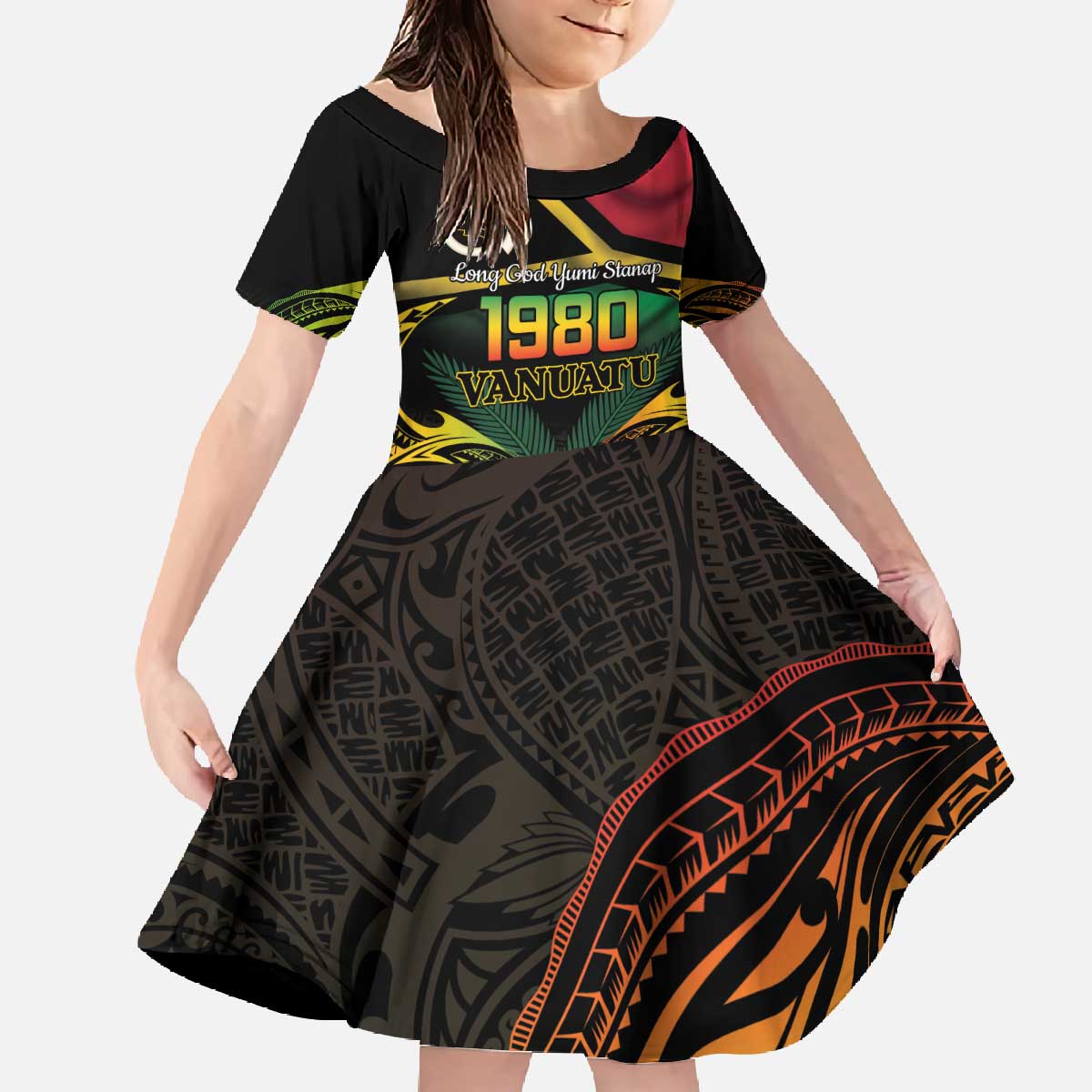 Vanuatu 1980 Family Matching Off The Shoulder Long Sleeve Dress and Hawaiian Shirt Hapi 45 Yia Indipendens Anivesari LT14 Daughter's Dress Black - Polynesian Pride