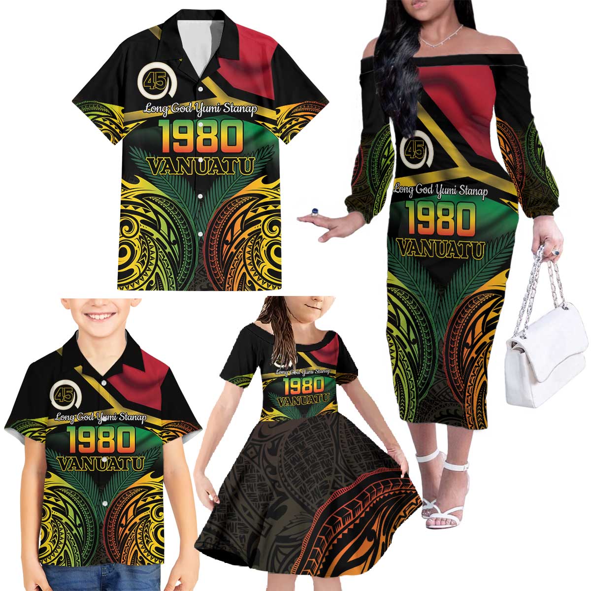 Vanuatu 1980 Family Matching Off The Shoulder Long Sleeve Dress and Hawaiian Shirt Hapi 45 Yia Indipendens Anivesari LT14 - Polynesian Pride