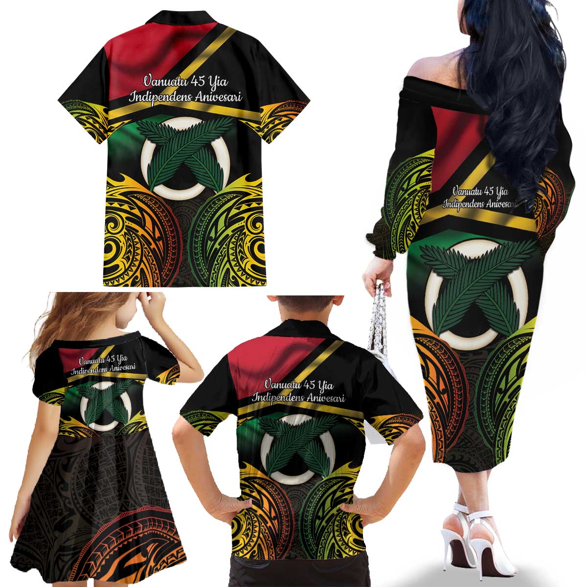 Vanuatu 1980 Family Matching Off The Shoulder Long Sleeve Dress and Hawaiian Shirt Hapi 45 Yia Indipendens Anivesari LT14 - Polynesian Pride