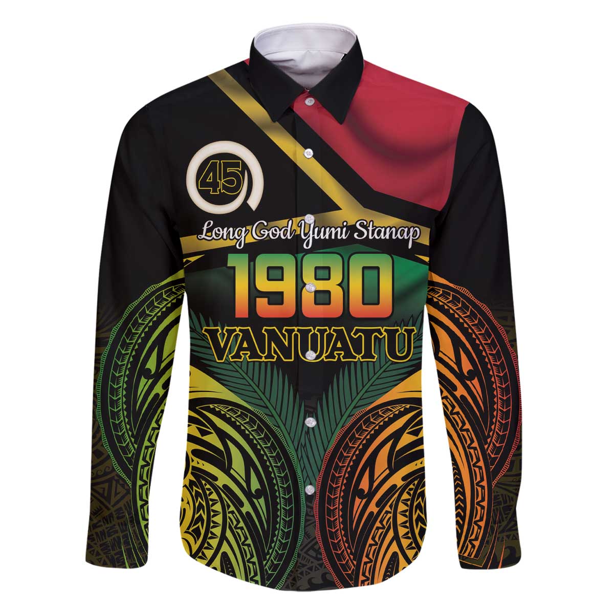 Vanuatu 1980 Family Matching Off The Shoulder Long Sleeve Dress and Hawaiian Shirt Hapi 45 Yia Indipendens Anivesari LT14 Dad's Shirt - Long Sleeve Black - Polynesian Pride