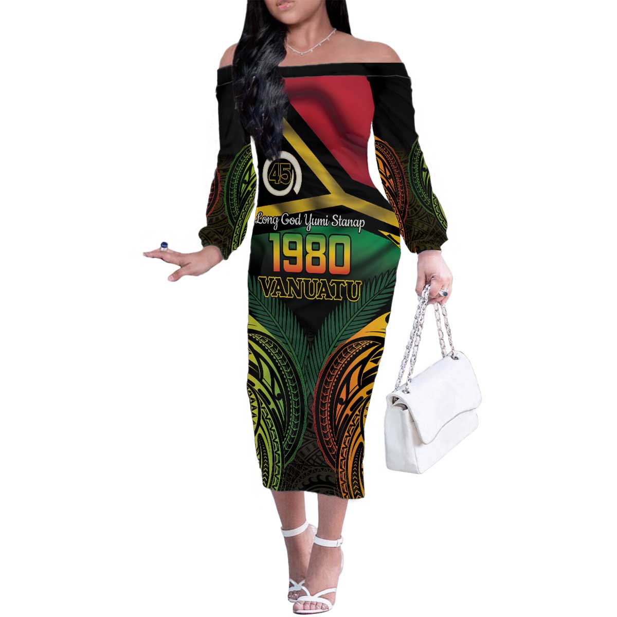 Vanuatu 1980 Family Matching Off The Shoulder Long Sleeve Dress and Hawaiian Shirt Hapi 45 Yia Indipendens Anivesari LT14 Mom's Dress Black - Polynesian Pride
