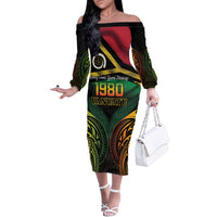 Vanuatu 1980 Family Matching Off The Shoulder Long Sleeve Dress and Hawaiian Shirt Hapi 45 Yia Indipendens Anivesari LT14 Mom's Dress Black - Polynesian Pride