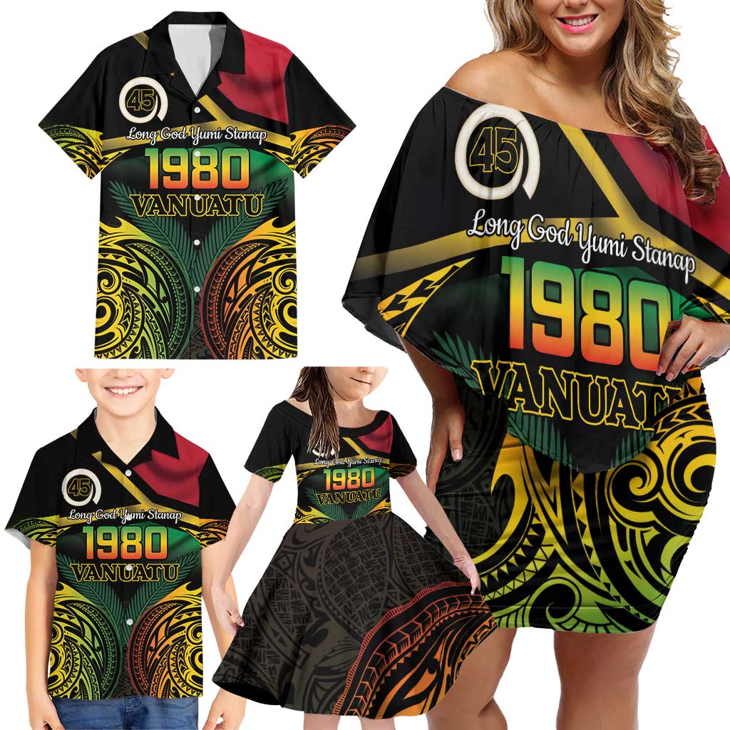 Vanuatu 1980 Family Matching Off Shoulder Short Dress and Hawaiian Shirt Hapi 45 Yia Indipendens Anivesari